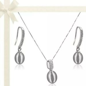 18k White Gold Diamond Drop Pearl Pendant, Earring